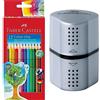Faber-Castell 112412 Matita Colorata, 12 Pezzi 183800 - Temperino Grip 2001, 3in1, temperino con contenitore per matite e pastelli