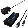 ICY BOX Hub USB 3.0 a 7 porte con alimentatore da 12 V / 3 A, custodia in alluminio e porta di ricarica USB, IB-AC618