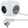 Electraline 35444 - Mini cubo con caricatore rapido senza fili, Fast Wirelss Charger Qi, 3 porte USB 2.4A, blocco 3 prese con interruttore, prolunga multipresa 1,5 m, bianco