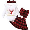 APAELEA Abiti Alce Natale Bambina Manica Lunga Romper Plaid Sospensione Gonna Completini e Coordinati,Bianco-Rosso,3-6 Mesi