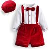 YiZYiF Bimbo Ragazzi Gentleman Gentleman Velvet Outfit Abiti di Natale Manica Corta Romper Camicia + Bretelle Pantaloni + cap Festa di Compleanno Abito Battesimale Rosso 2-3 Anni