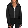 Caziffer Felpa Corta Donna con Cappuccio Colore Solido Foro per Il Pollice Manica Lunga Ragazza Adolescente Giacca Autunnale Abbigliamento Casual Zip-Up Felpe Cappotto (Nero, S)