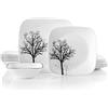 Corelle Servizio da tavola da 18 pezzi, con ombre in legno, bianco e nero per 6, resistente alle scheggiature, include piatti piani quadrati da 26 cm, insalata/contorno quadrati da 17 cm e ciotole
