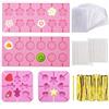 PUDSIRN Stampi per lecca-lecca in silicone da 4 pezzi, rotondi, fiori di ciliegio, stampo per caramelle a cuore con 760 cravatte d'oro, 200 bastoncini per lecca-lecca, 100 sacchetti per lecca-lecca