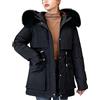 Petalum Cappotto invernale da donna parka con cappuccio giacca calda foderata in pile antivento colletto finta pelliccia chiusura a zip a pressione grandi tasche, Nero , 50-52