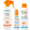 Garnier Ambre Solaire Kids Sensitive Advanced SPF 50+ Spray Ipoallergenico da 150ml + Kids Advanced Sensitive SPF 50+ Spray Anti Sabbia da 150ml + Spray Solare SPF 30 con Burro di Karité da 300ml