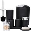 FEILANDUO Set completo di accessori da bagno, 8 pezzi con cestino, dispenser di sapone, portasapone, portaspazzolino, tazza per spazzolino, scopino per WC e porta Qtip, vassoio da toeletta, nero