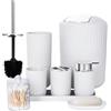 FEILANDUO Set completo di accessori da bagno, 8 pezzi con cestino, dispenser di sapone, portasapone, portaspazzolino, tazza per spazzolino, scopino per WC e porta Qtip, vassoio da trucco bianco