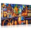 Panther Print Leonid Afremov - Dipinto a olio astratto su tela da parete per soggiorno, decorazione casa, The Bridges of Amsterdam, 46x31 cm (18x12in)