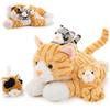 MorisMos Gatto Peluche Realistico, 40cm Mamma Gatto con 3 Kawaii Gattina Gatto di Peluche Grande Giallo Animali di Peluche Regalo per Bambini Fidanzata San Valentino Compleanno Natale Deco