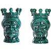 BEVILACQUA SET DI 2 TESTE DI MORO, CERAMICA ARTIGIANALE SICILIANA VERDE RAMINA, 40 cm - h 40 x 26 x 26 cm