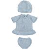 Miniland Set blu a maglia per bambola da 40 cm. Vestito, Mutandine e berretto. Prodotto in Spagna con tessuto riciclato. Miniland Dolls.