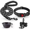 Abaiva Collare per cani regolabile e imbottito in neoprene, guinzaglio per cani da 1,5 m, riflettente, ciotola pieghevole e dispenser con 15 sacchetti, per cani di piccola taglia media e grande