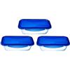 PYREX® - Cook & Go - Set di 3 porta pranzo rettangolari in vetro con coperchio blu ermetico - 20x15cm - Cucina, conserva e trasporta - Senza BPA - Made in France
