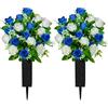 SIFOEL 2 pezzi fiori artificiali del cimitero con il vaso, fiori artificiali della tomba della rosa per la decorazione della lapide del cimitero (Dark Blue & White)