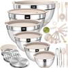 Terlulu Set di 6 ciotole in acciaio inox, con coperchio ermetico e fondo in silicone, 3 grattugie, set di ciotole per cuocere/servire, 6,6 L/3,8 L/2,4 L/1,9 L/1,4 L/0,6 l, colore cachi
