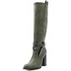 QUEEN HELENA Stivali Alti con Tacco Medio Zip Laterale Fibbia Casual Invernali Donna X27-183 (Verde, numeric_37)