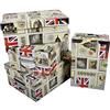 2.J. 2J Londra, set di 4 scatole di cartone stampato Decor UK, Inghilterra, Londra con angoli in metallo e maniglie. Dimensioni: XL 29x20x11 cm - L 27x18x10,5 cm - M 25x16,5x10 cm - S 23x15x9 cm