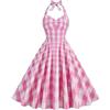Odizli Abito da donna anni '50, stile vintage, rockabilly, con spalline sottili, a quadretti, estivo, Rosa #A, S