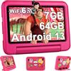 Oangcc 2024 Tablet Bambini 7 Pollici Android 13, 7GB RAM+64GB ROM (TF 1TB), WiFi 6 BT 5.0, Octa-Core, Google GMS | Controllo Parentale | Doppia Fotocamera | GPS | Tablet con Custodia EVA - Rosa