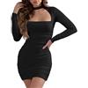 AMABILEMIA Vestito Donna Elegante Corto Mini Abito Sexy Nero Maniche Lunghe Tubino Invernale da Sera Discoteca Aderente Curvy AM171 (IT, Testo, XL, Regular, Regular, Nero)