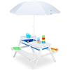 Relaxdays Tavolino da Bambini per Esterno, Tavolo da Picnic per Giardino, Set Due Panche e Ombrellone, Legno, Bianco, 70% 20% Poliestere 10% plastica, 49 x 86 x 92,5 cm