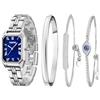 TIME100 Set Orologio Bracciale da Donna Elegante Orologio Donna Quadrante Rettangolare Impermeabile con Bracciale con Accenti di Cristallo Premium Argentato(Col.Argento&Blu)