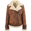 House Of Leather Giacca da donna in vera pelle di pecora da aviatore, con cerniera incrociata, stile biker, Marrone anticato., 12