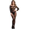 Le Désir Bodystocking with Off-Shoulder Long Sleeves Black XS-XL