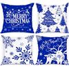 Lanpn 4 Pezzi Federe Cuscini Natalizi Copricuscini Natalizia 40x40cm, Federa Natale Decorativo Fiocchi di neve Invernale, Decorazioni Natalizio per Divani Letto in Camera da Letto (Bianco e Blu)