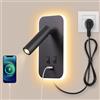 AWEKLIY Lampada da Parete a LED, Luce da Lettura da Comodino con Interruttore, Porta di Ricarica USB, Faretto Regolabile per Camera da Letto (3W Luce Naturale + 9W Luce Calda) Con cavo e spina, Nero