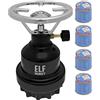 Elfmonkey Fornello da Campeggio E190 | Set Fornello a Gas in Metallo & Cartuccia | Piano Cottura a 1 Luce | Outdoor, Tempo Libero | Campeggio, Emergenza: Modello Nero + 4 Cartucce