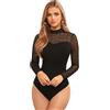 GORGLITTER Body da donna a maniche lunghe, elegante, in rete, con strass, sexy, a maniche lunghe, con colletto rialzato, Nero , S