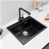 CECIPA Lavello da Cucina Nero 55x45cm, Lavello In Granito 80% Sabbia di Quarzo, Lavello da Incasso A 1 Vasca, Lavello da Cucina Con Sifone E Scarico Sopraelevato