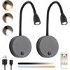 Klighten 2 Pezzi Lampada da Lettura Parete Senza fili Dimmerabile con Telecontrollo, Batteria 2W LED Luce da Lettura, Faretto Lettura Ricaricabile USB Applique Lettura, 200LM, 3000/4500/6000K, Nero