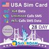 SIM2ROAM Scheda SIM ultramobile USA 28 giorni | 3 GB con dati LTE 5G/4G | Chiamate/Messaggi nazionali illimitati negli Stati Uniti + Credito per chiamate/SMS internazionali | Ricaricabile! (Dati 3 GB)