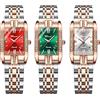 JewelryWe Orologio da donna analogico al quarzo, orologio da donna in acciaio regolabile, 3 atm impermeabile, orologio quadrato con strass e quadrante del calendario, Rosso+verde+argento