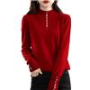 Generic 100% lana merino lavorata a maglia maglione collo alto donna perla pulsante maglione solido casual pullover top, Rosso, XXL