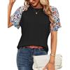 Odosalii Top da donna estivo, alla moda, con scollo rotondo, casual, maniche a tromba, floreale, a maniche corte, 01-nero., M