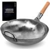 YOSUKATA Wok Padella Professionale 36 cm- Tradizionale Wok Fondo Tondo in Acciaio al Carbonio Martellato -Wok Cinese Originale - Pentola Wok Grande - Compatibile con Gas e Fuoco Aperto (Argento)