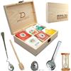 Zinello Design - Scatola da tè in legno + set di accessori per la tisana, infusione | Cofanetto regalo per lo stoccaggio e l'organizzazione della cucina | cucchiaio per miele, pinze, palla da tè,