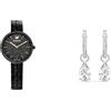Swarovski Cosmopolitan Orologio, con CristalliSwarovski e Bracciale di Metallo, Finitura in Nero, Meccanismo al Quarzo, Nero & Orecchini Pendenti Attract, Taglio Pear, Bianchi, Placcato Rodio