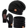 Winuesa Set invernale da uomo e da donna, con cappello e sciarpa e guanti termici foderati in pile morbido, berretto da neve lavorato a maglia, cappello invernale 3 in 1, guanti touch screen,