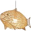 KLUFO Luce a sospensione a forma di pesce lanterna in vimini naturale tessitura, illuminazione a sospensione in rattan, luce a sospensione regolabile in altezza per ristorante, soggiorno, sala da