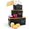 Lannvan Porta Patate Cucina, Set di 3 Contenitore Patate e Cipolle e Aglio con Coperchio e Fori di Ventilazione, Contenitore per Patate, Contenitori Salvaspazio Cucina Design Retrò (Nero)