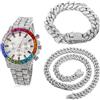 HALUKAKAH Orologio d'oro con Diamanti Multicolore,Uomo Platino Placcato Oro Bianco 40MM Larghezza Bianco Quadrante Quartz 21cm con Catena Cubane20+45cm Collana Bracciale,Confezione Regalo Gratuita