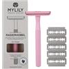 MYLILY® Rasoio Ecologico Con 5 Lamette da Barba, Manuale e Riutilizzabile per Corpo Donna o Uomo, di Sicurezza in Metallo Senza Plastica - Rosa