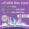 SIM2ROAM Scheda SIM ultramobile USA 28 giorni | 10 GB con dati LTE 5G/4G | Chiamate/Messaggi nazionali illimitati negli Stati Uniti + Credito per chiamate/SMS internazionali | Ricaricabile! (Dati 10 GB)