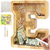 Lakpopya Salvadanaio Grande in Legno, Salvadanaio Personalizzato con Lettere A-Z, Area Obiettivo e Vano Trasparente per Banconote, Regalo Creativo per Bambini e Adulti (E)