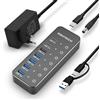 RSHTECH Hub USB 3.2 Alimentato, RSHTECH Hub USB 3.2/C a 7 porte con 3*Porte Dati 10Gbps (USB-A, 2*USB-C), 4*Porte USB 3.0 da 5Gbps, Interruttore a Sfioramento, Cavo Dati 2 in 1, 15W(5V/3A), RSH-ST07C